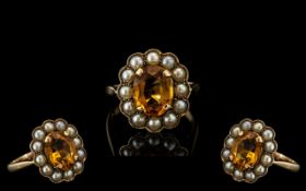 Antique Period 18ct Gold Attractive Citrine Orange Faceted Stone and Seed Pearl Set Ring.