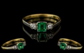 1930's - Ladies 18ct Gold and Platinum Emerald and Diamond Set Ring.