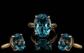 Ladies - Attractive and Quality 10ct Gold Large Single Stone Blue Topaz Set Ring.