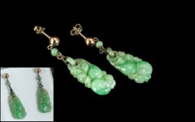 18ct Gold and Jade Set Attractive Pair of Drop Earrings. Jade of Good Colour. Sizes 1.