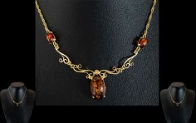 Ladies 14ct Gold Pleasing Amber Set Necklace with Ornate / Fancy Drop. Marked 585 - 14ct.