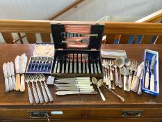 Box of Assorted Plated Ware, including boxed set of teaspoons, cigarette case, serving spoons,