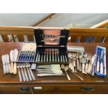 Box of Assorted Plated Ware, including boxed set of teaspoons, cigarette case, serving spoons,