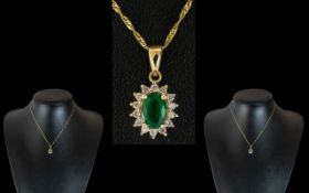 Ladies 14ct Gold Diamond and Emerald Set Cluster Pendant Drop, Attached to a 14ct Gold Chain.