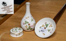 Wedgwood 'Wild Strawberry' Set comprising a pin dish, lidded pot and bud vase.