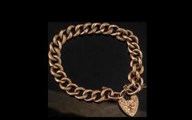 Antique Period 9ct Gold Curb Bracelet with Attached Ornate Heart Shaped Padlock,