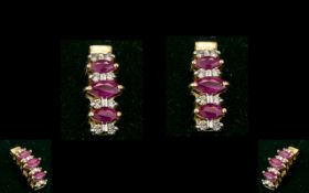 14ct Gold - Attractive Pair of RUby and Diamond Set Drop Earrings. Marked 14ct.