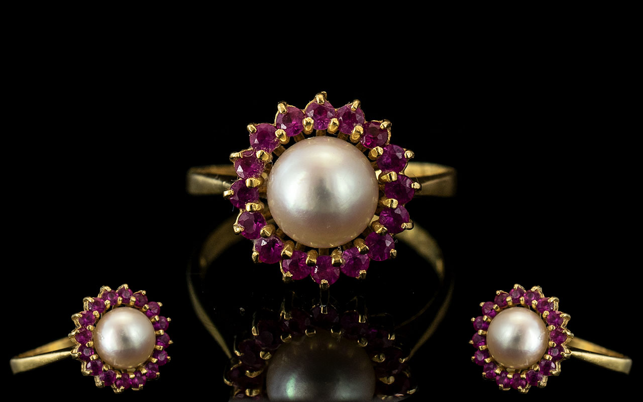 18ct Gold Attractive Pink Sapphire and Pearl Set Dress Ring Flowerhead Design - Marked to Interior