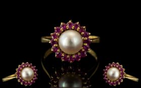 18ct Gold Attractive Pink Sapphire and Pearl Set Dress Ring Flowerhead Design - Marked to Interior