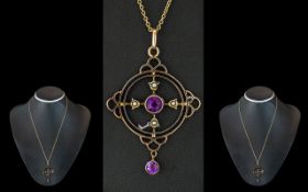 Victorian Period - Attractive 9ct Gold Amethyst and Seed Pearl Set Open worked Pendant with