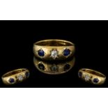 Antique 18ct Gold Pleasing Pave Set 3 Stone Sapphire and Diamond Set Band Ring.