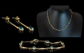Ladies 9ct Gold Attractive Aquamarine ( Blue ) Set Necklace,