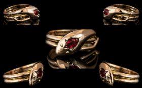 Antique Period 9ct Gold Snake Ring with Ruby Eye with Full Hallmark. Hallmark Chester 1917.