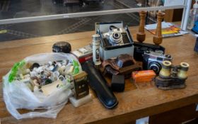 Box of Assorted Collectibles, comprising two Koroll cameras, a Chinon Bellami camera,