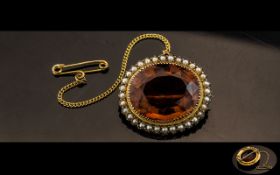 Antique Period - Superb 15ct Gold Citrine Set Brooch with Long Safety Chain,