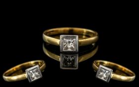 18ct Gold Contemporary Designed Single Stone Diamond Set Ring. The Princes Cut Diamond of Good