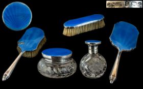 Ladies - Superb Silver and Blue Enamel ( 5 ) Piece Dressing Table Set.