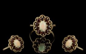 Ladies 9ct Gold Attractive Opal and Garnet Set Cluster Ring - Flowerhead Setting,