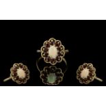 Ladies 9ct Gold Attractive Opal and Garnet Set Cluster Ring - Flowerhead Setting,