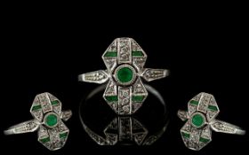 Art Deco Style 9ct White Gold Diamond and Emerald Set Ring. Full Hallmark for 9.375. Ring Size N.