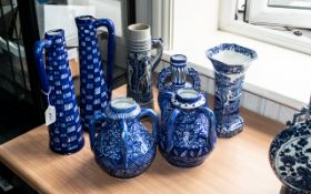 Collection of Blue & White Glazed Pottery, comprising a tall Copeland Spode 9'' vase, a pair of