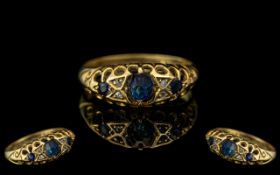 Antique Period Attractive Blue Sapphire and Diamond Set Ring, ornate gallery setting,