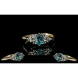 9ct Ladies Gold Attractive / Petite Diamond and Aquamarine Set Dress Ring.