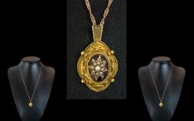 Victorian Period Attractive 15ct Gold Ornate Pendant - Set With Seed Pearls on a Black Enamel