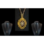 Victorian Period Attractive 15ct Gold Ornate Pendant - Set With Seed Pearls on a Black Enamel