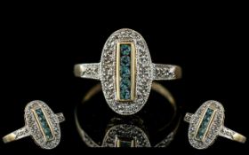 Art Deco Style Ladies 9ct White Gold Diamond and Aquamarine Set Ring. Stamped 9.