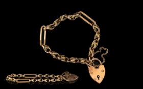 Antique Period Attractive 9ct Gold Fancy Link Bracelet and Attached Large 9ct Gold Heart Shaped