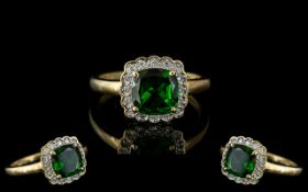 Ladies - Attractive 9ct Gold Diamond and Green Sapphire Set Ring.