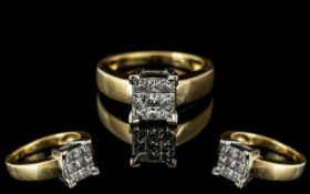 18ct Gold - Attractive Diamond Set Ring, Solid Shank. The Princes Cut Diamonds of Top Colour and