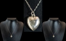 Antique Silver Heart on Chain, heart with engraved pattern.