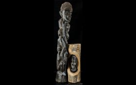 African Tribal Art Carvings, comprising a tall wooden carving of a mother and children, 17" tall,