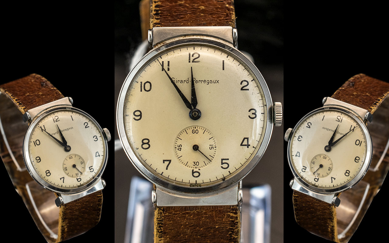 Girard Perregaux Mechanical wind steel cased 1950's Wrist watch with original soft calf tan leather