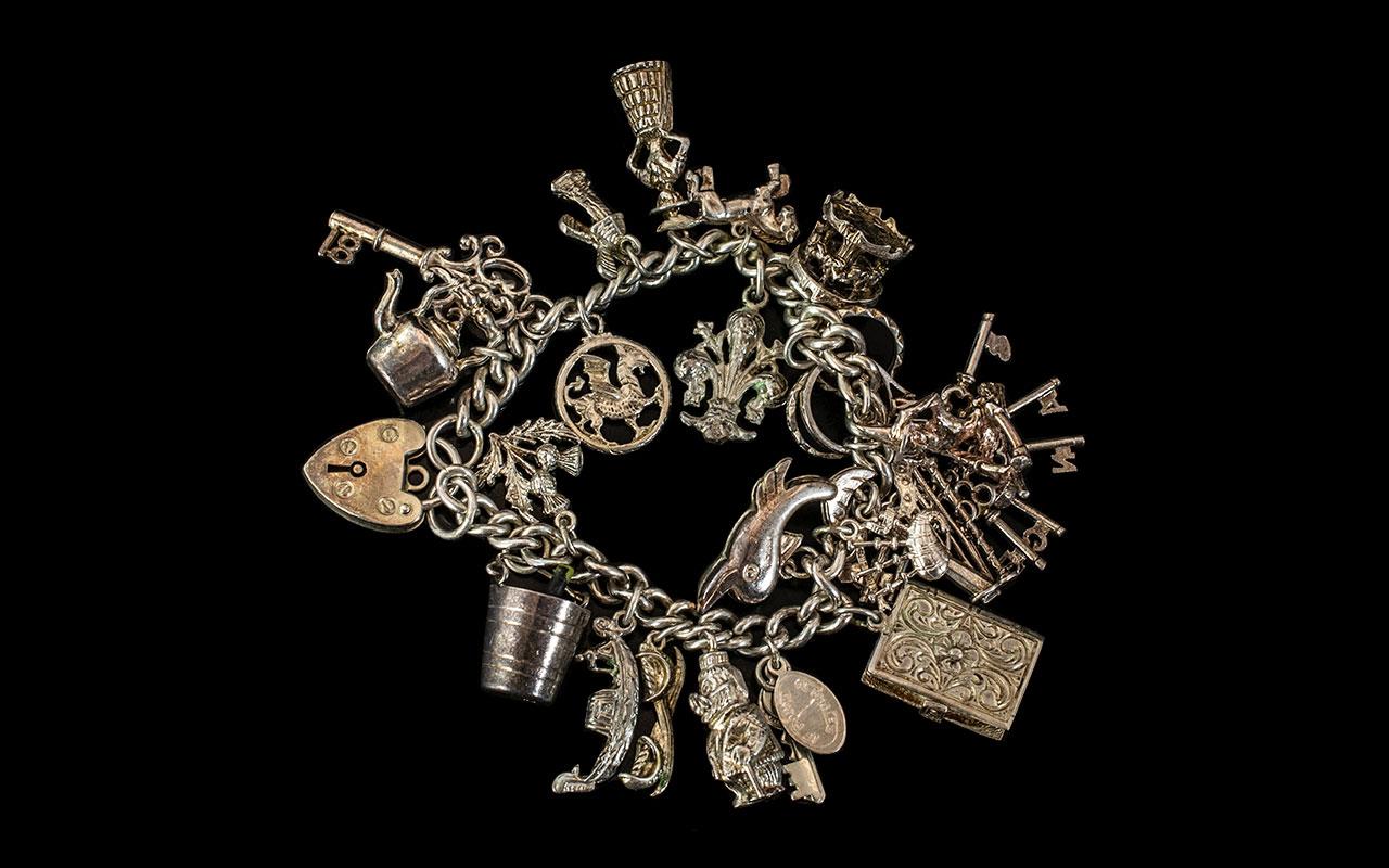 Heavy Vintage Silver Charm Bracelet. Silver Charm Bracelet Loaded with Unusual Charms, Fully