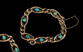 Antique Period - Pleasing 9ct Gold Turquoise Set Bracelet with Safety Chain. c.1890's.