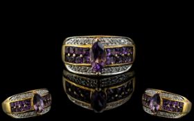 Ladies 9ct Gold Attractive Diamond and Amethyst Set Dress Ring. Full Hallmark for 9.375.