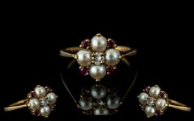 Ladies 18ct Gold Attractive Pearl Diamond Ruby Set Dress Ring. Fully Hallmarked. Ring Size M.