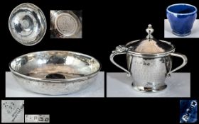 Arts & Crafts Sterling Silver Planished Three Handled Lidded Mustard Pot, with Ruskin pot liner,