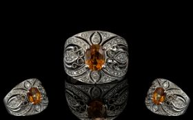 18ct White Gold Attractive & Impressive Orange Citrine & Diamond Set Fashion Ring.