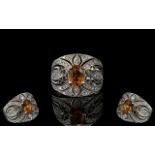 18ct White Gold Attractive & Impressive Orange Citrine & Diamond Set Fashion Ring.