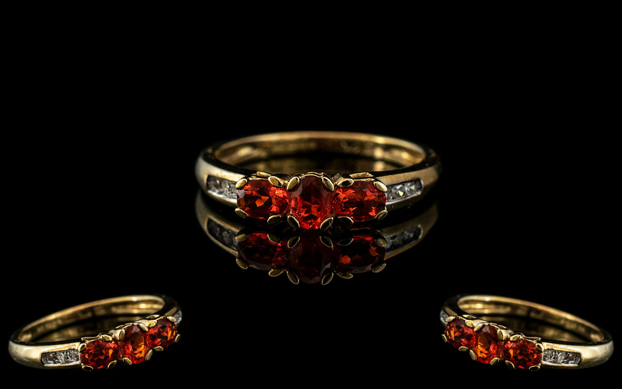 Ladies - Attractive 9ct Gold Diamond and Orange Topaz Set Ring. Full Hallmark to Interior of Shank.