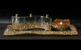 Modern Amber Glass Set, comprising an oblong tray 23.5'' long, with two matching bowls, and a