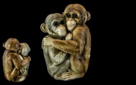 Superb Rare c1900's Monkey Lamp In Porcelain, In the Form of Two Monkeys Hugging Each Other. Model