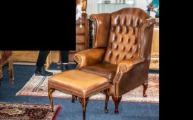 Leather Wing Back Chesterfield Chair & Matching Footstool,