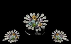 Ladies Attractive 9ct White Gold Diamond & Multi-coloured Crystal Set Fashion Ring,