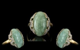 Ladies - Large and Pleasing 9ct Gold Jade and Diamond Set Ring of Excellent Proportions with Full 9.