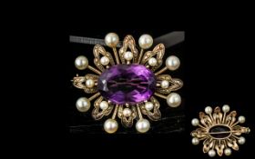 Antique Period Excellent Quality and Impressive 9ct Gold Large Amethyst and Pearl Set Brooch. c.